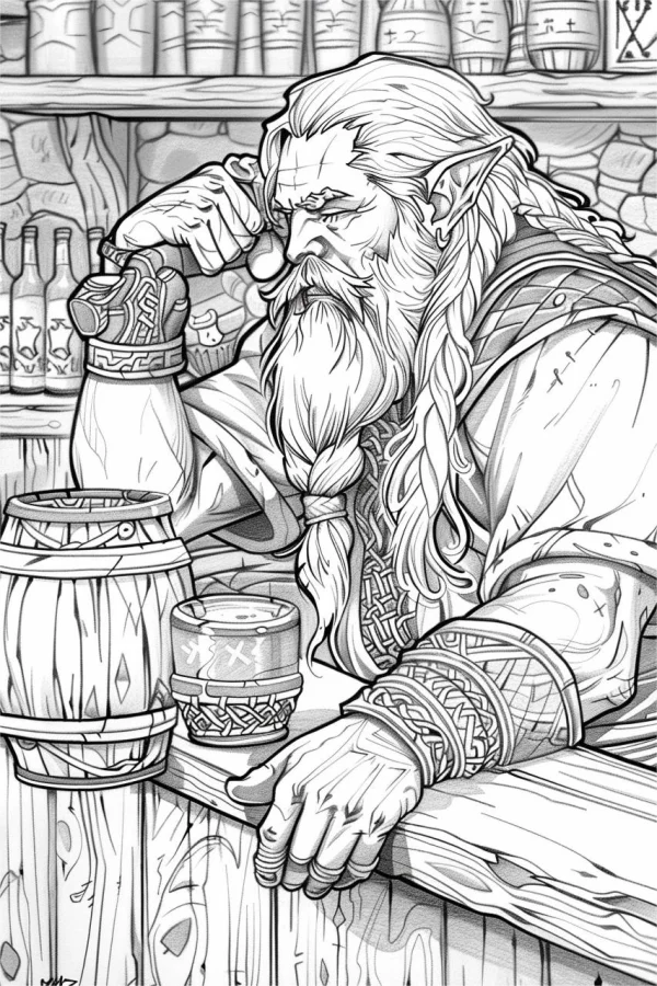 Pointed-eared bearded dwarf in a medieval tavern, fantasy style — free printable tavern coloring book page
