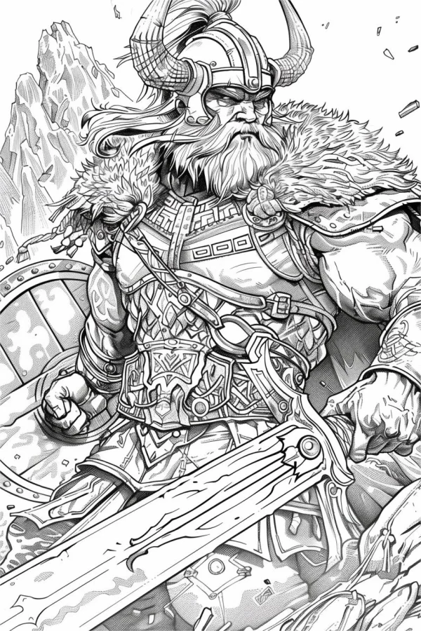 Powerful viking warrior with horned helmet, long beard — free printable history coloring book page