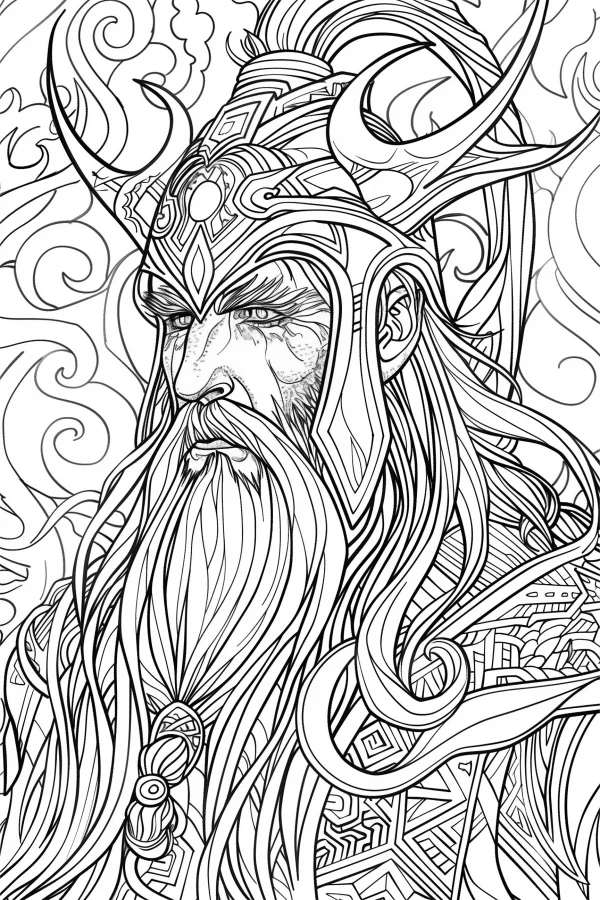 Odin the norse god with horned helmet and long beard, norse cultural and decorative art style — free printable nordic culture coloring book page