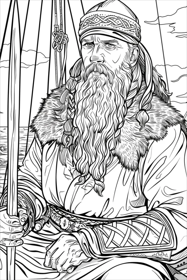 Viking warrior with long braided beard, nordic style — free printable historical figures coloring book page