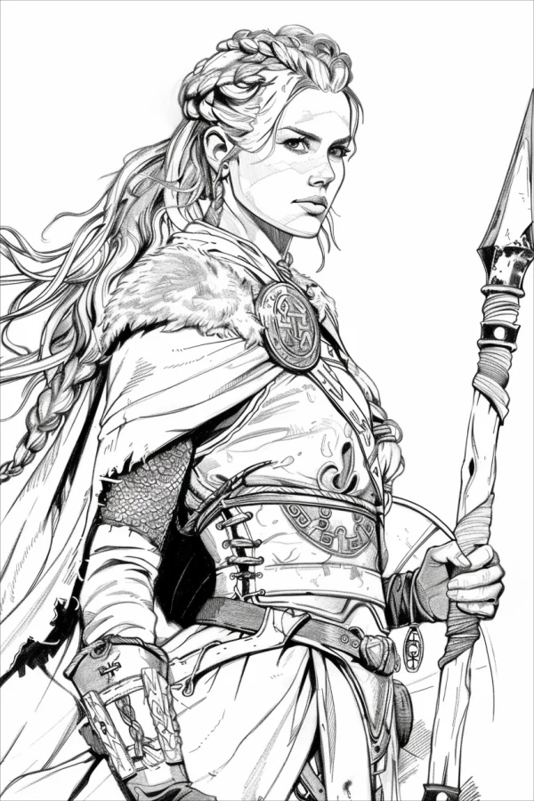 Coloring book page, nordic female warrior — free printable nordic culture coloring book page
