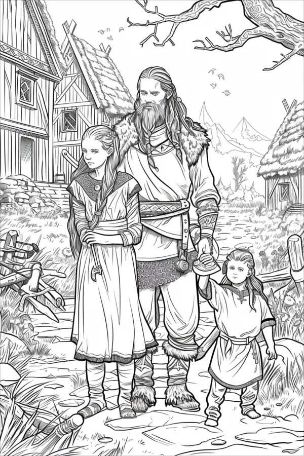 Viking family with bearded man, girl and little child in a nordic village — free printable historical culture coloring book page