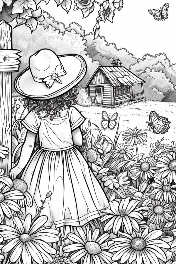 Back view of a girl wearing straw hat in daisy field, pastoral style — free printable coloring page