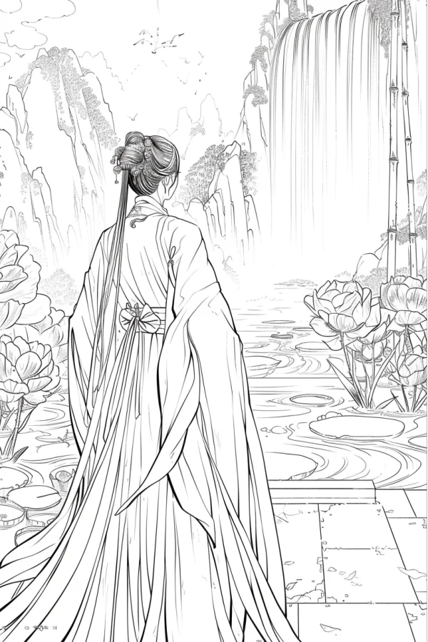 Back view of ancient chinese woman in traditional long robe, chinese ancient style — free printable ancient style characters coloring book page
