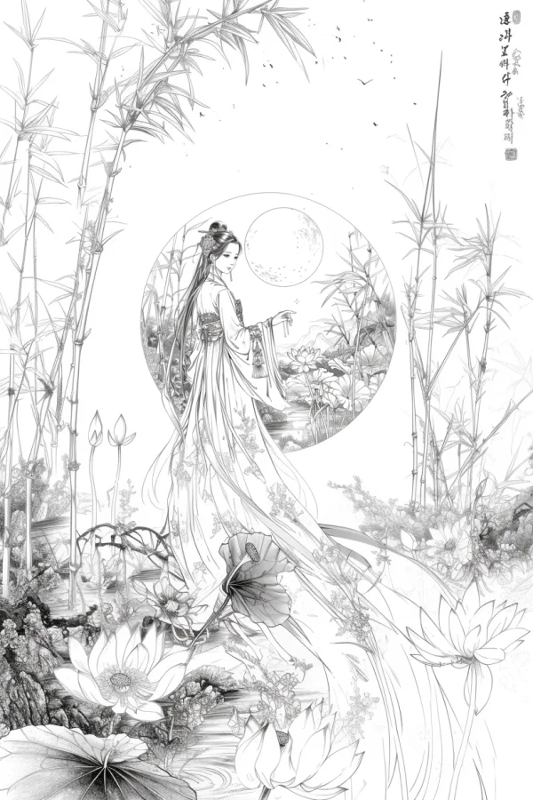 Ancient chinese style long dress woman (chang'e) looking at full moon, surrounded by bamboo — free printable mid-autumn festival coloring book page