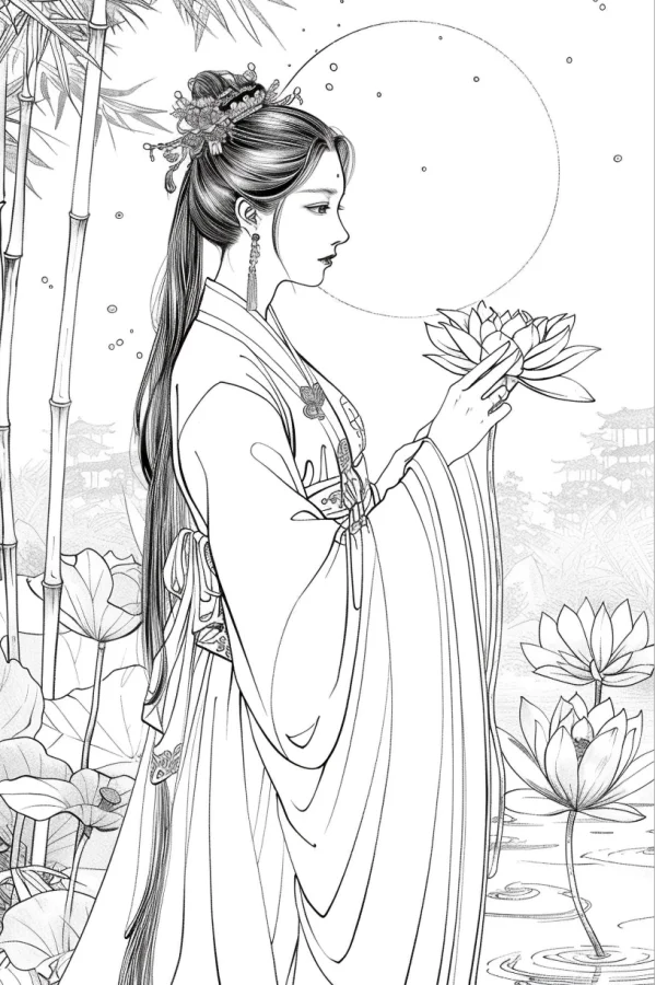 Coloring book page, ancient chinese hanfu woman holding a lotus — free printable mid-autumn festival coloring book page