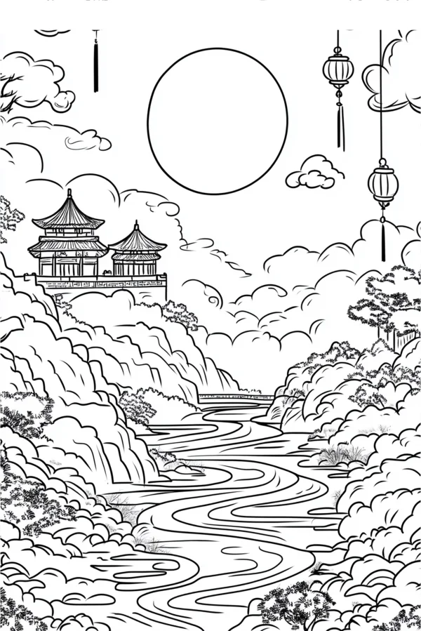 Chinese-style mountain pavilion landscape with moon and hanging lanterns, chinese style — free printable mid-autumn festival coloring book page