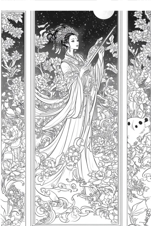 Elegant ancient chinese lady playing flute, chinese classical style — free printable classical coloring book page