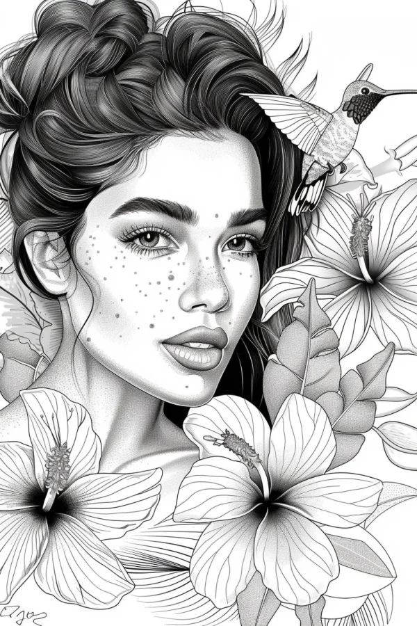 Freckled girl with updo curly hair, surrounded by hibiscus flowers and a hummingbird — free printable coloring page