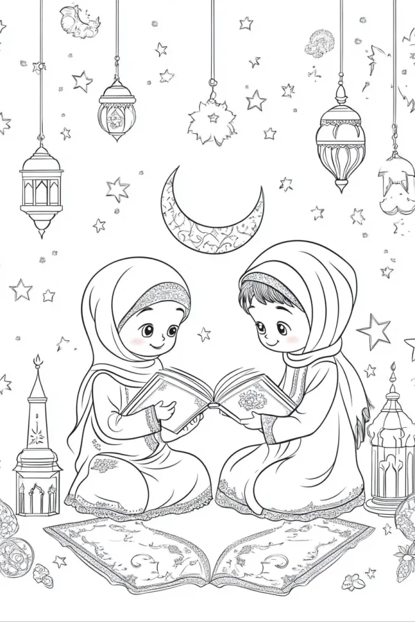 Two hijab-clad children reading together, cartoon style — free printable eid al-fitr coloring book page