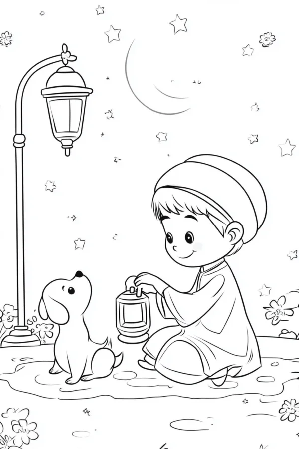 Child in traditional clothing holding lantern with a small dog, cartoon style — free printable eid al-fitr coloring book page