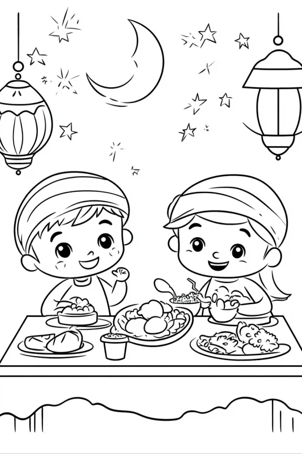 Two children enjoying festive food, cartoon style — free printable eid al-fitr coloring book page