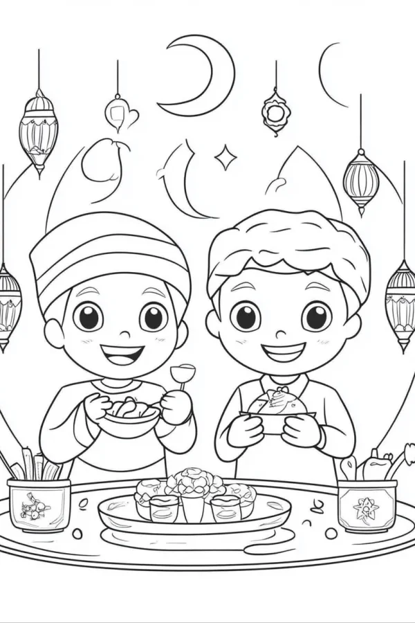 Two muslim children enjoying meals, cartoon style — free printable eid al-fitr coloring book page