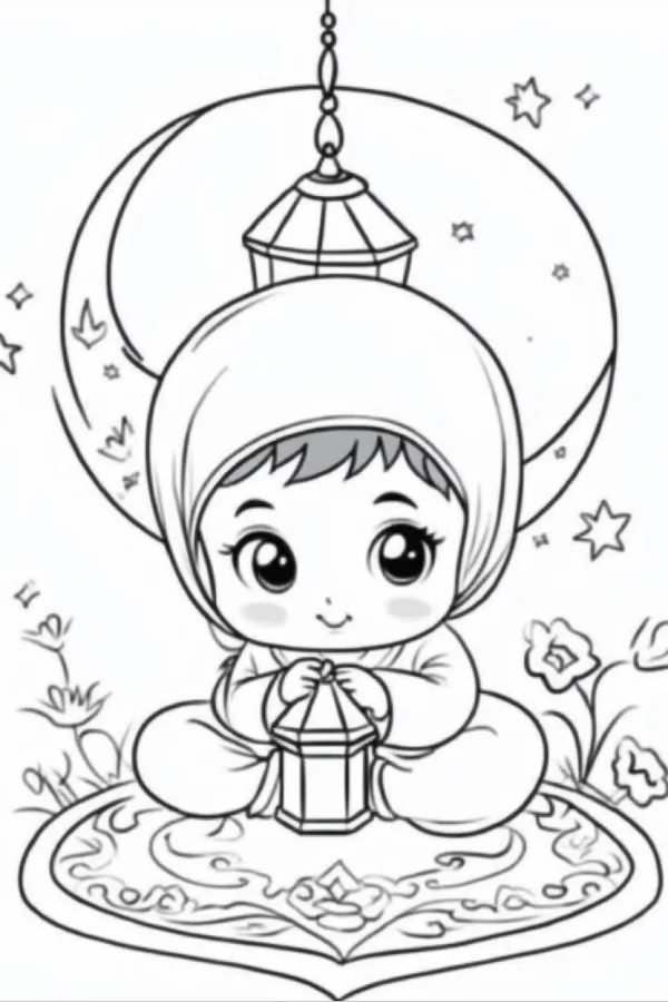 Cute cartoon girl in hijab holding a lantern, sitting on a patterned traditional rug — free printable eid al-fitr coloring book page