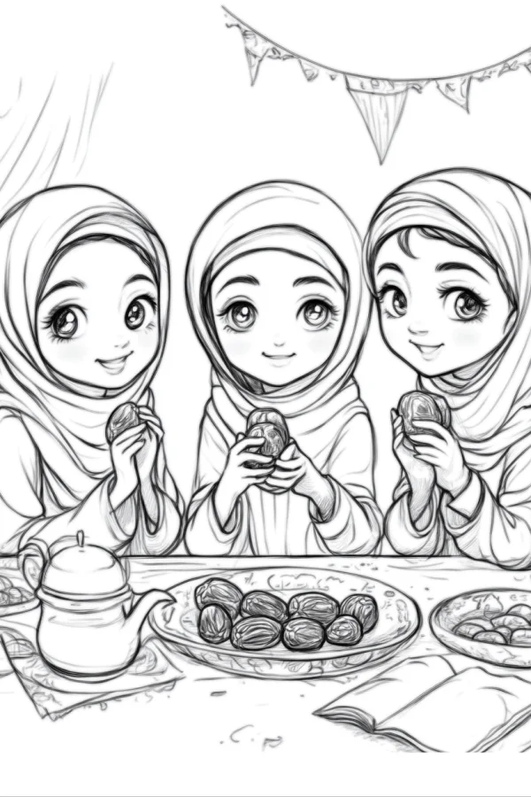 Cartoon girls with hijabs eating dates around a dining table, cartoon style — free printable eid al-fitr coloring book page