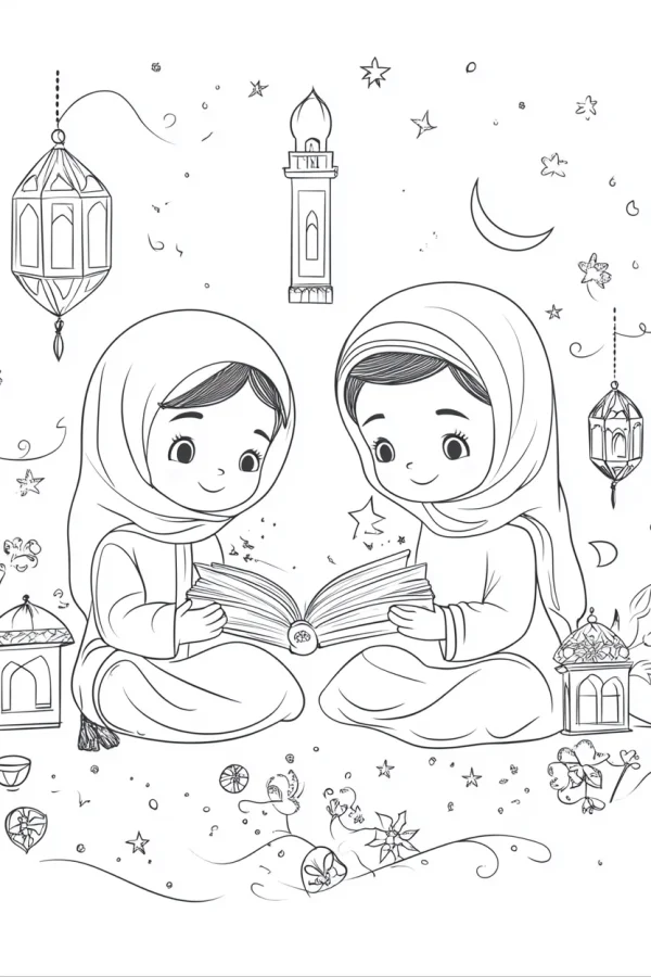 Coloring book page, two hijabi girls reading a religious book together — free printable eid al-fitr coloring book page