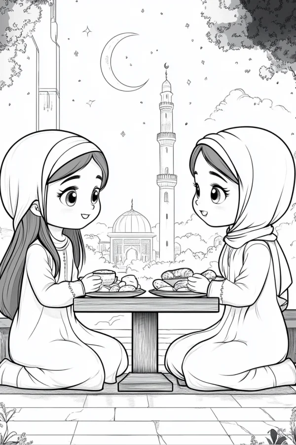 Two cute cartoon girls with hijabs sitting at a table with traditional food, cartoon style — free printable eid al-fitr coloring book page
