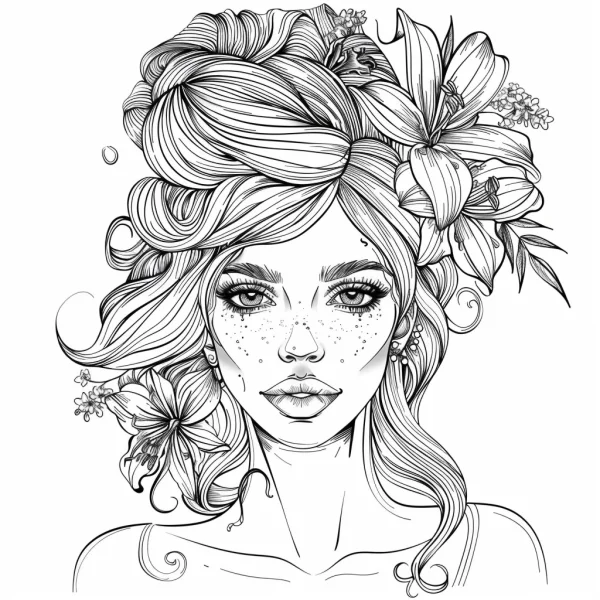 Curly-haired girl with lilies and small flowers in hair, realistic illustration style — free printable character theme coloring book page