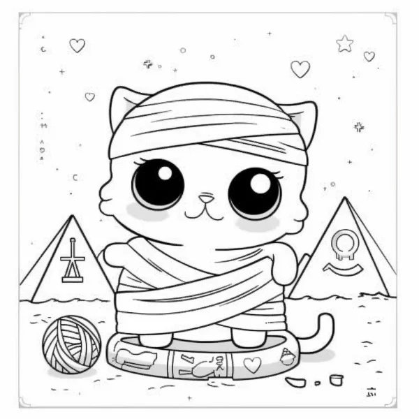Cute mummy cartoon cat, cartoon style — free printable egypt coloring book page