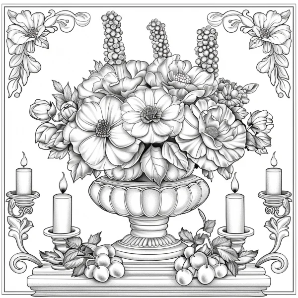 Floral arrangement in ornate urn with candles and berries, realistic style — free printable still life coloring book page