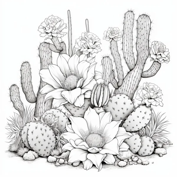 Blooming cactus cluster, realistic sketch style — free printable coloring page