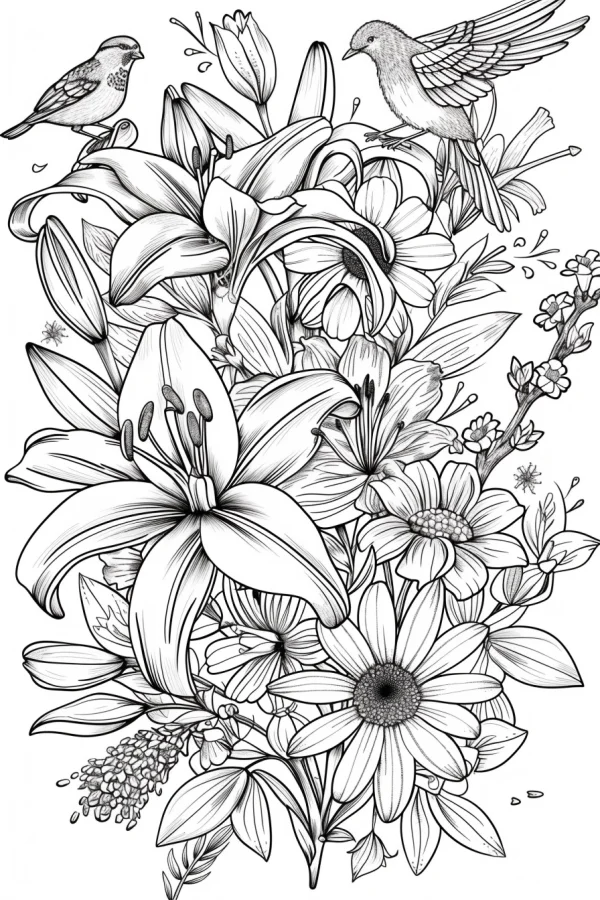 Lilies and daisies with small birds, natural botanical theme — free printable coloring page