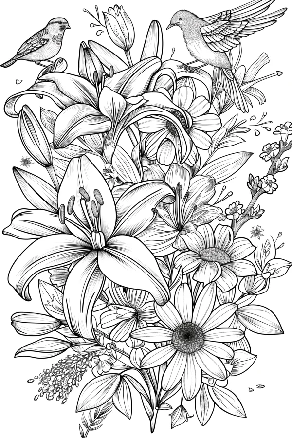 Lilies and daisies combined with small birds, sketch style — free printable coloring page