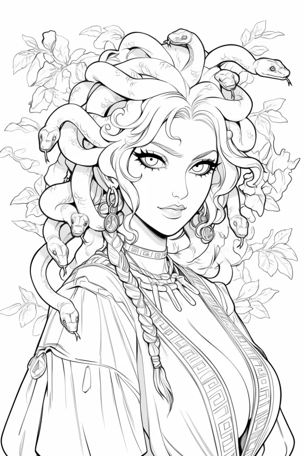 Medusa the gorgon with snake hair, anime style — free printable greek culture coloring book page