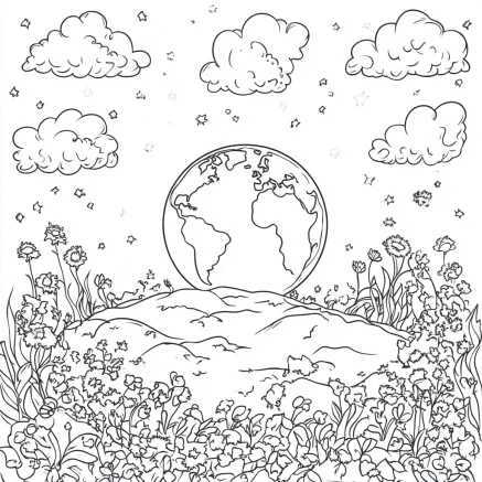 Earth on hillside surrounded by flowers and grass, sketch style — free printable environmental coloring book page