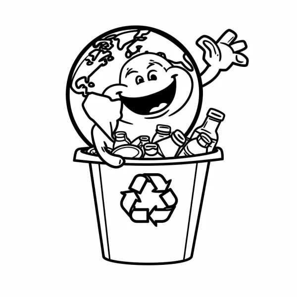 Anthropomorphic earth sitting in recycling bin filled with plastic bottles, cartoon style — free printable environmental coloring book page