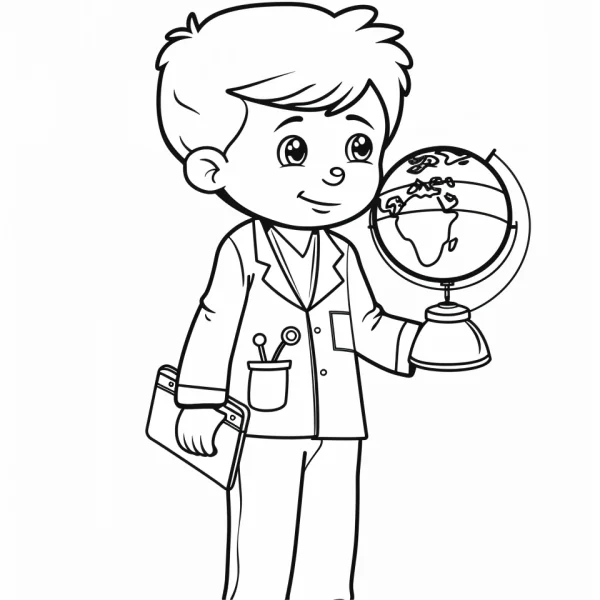 Cute boy holding a globe and folder, cartoon style — free printable education coloring book page