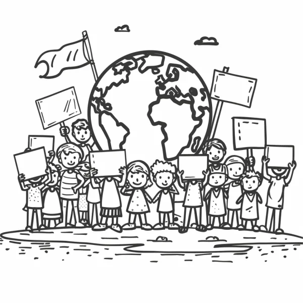 Children holding blank signs with earth in the background, cartoon style — free printable environmental coloring book page