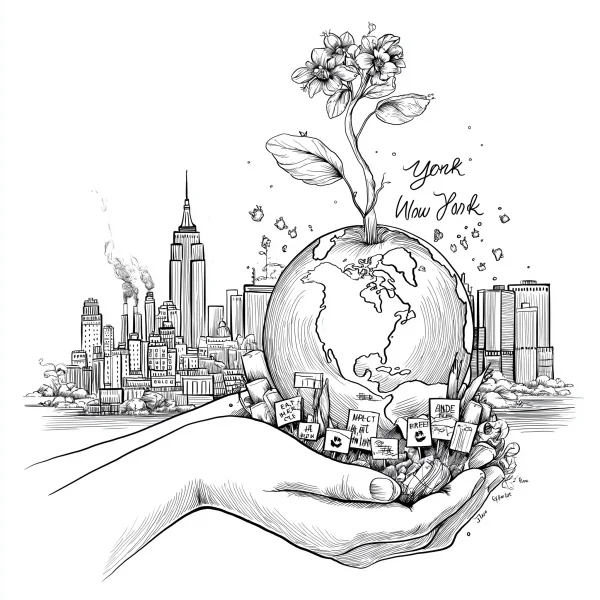 Coloring book page, hands holding apple-shaped earth with blooming flowers — free printable environmental coloring book page