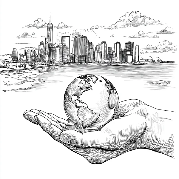 Hand holding globe with urban skyline in background, realistic style — free printable environmental coloring book page