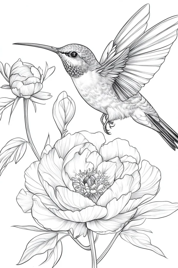 Hummingbird with peony flowers and bud, realistic sketch style — free printable coloring page