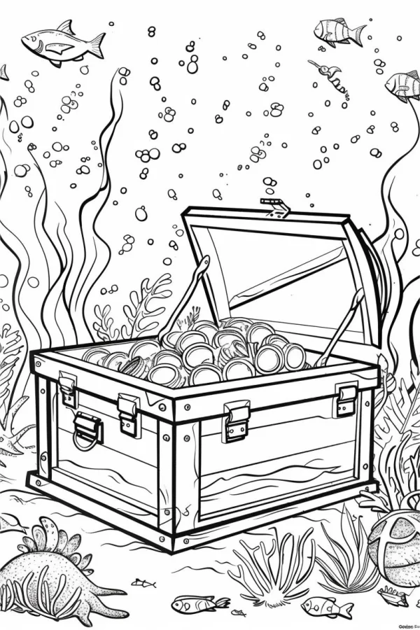 Underwater treasure chest filled with gold coins, cartoon style — free printable treasure coloring book page