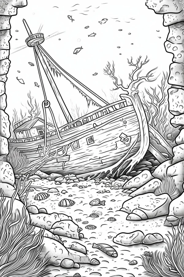 Underwater shipwreck, realistic illustration style — free printable underwater world coloring book page