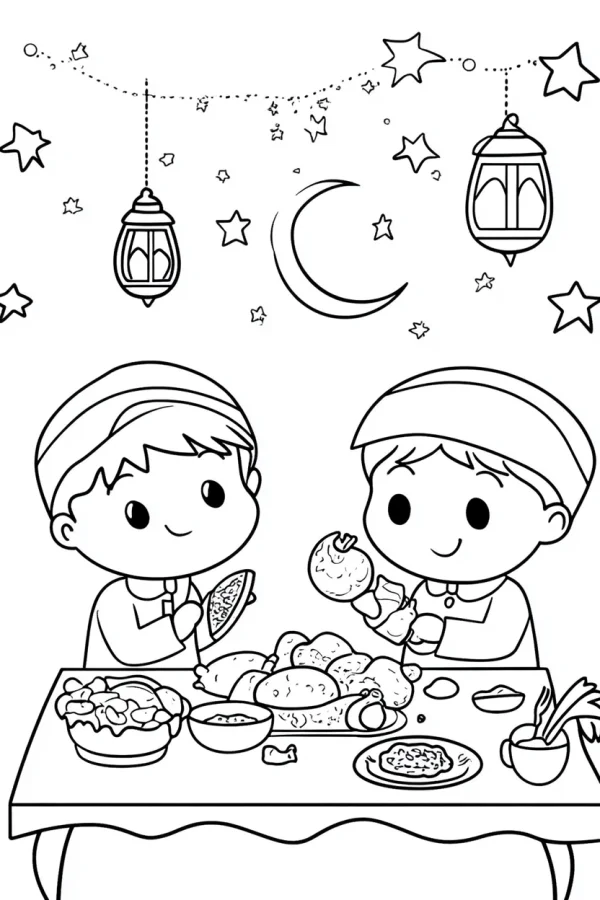 Two muslim children sitting at a festive table with traditional food, cartoon style — free printable eid al-fitr coloring book page