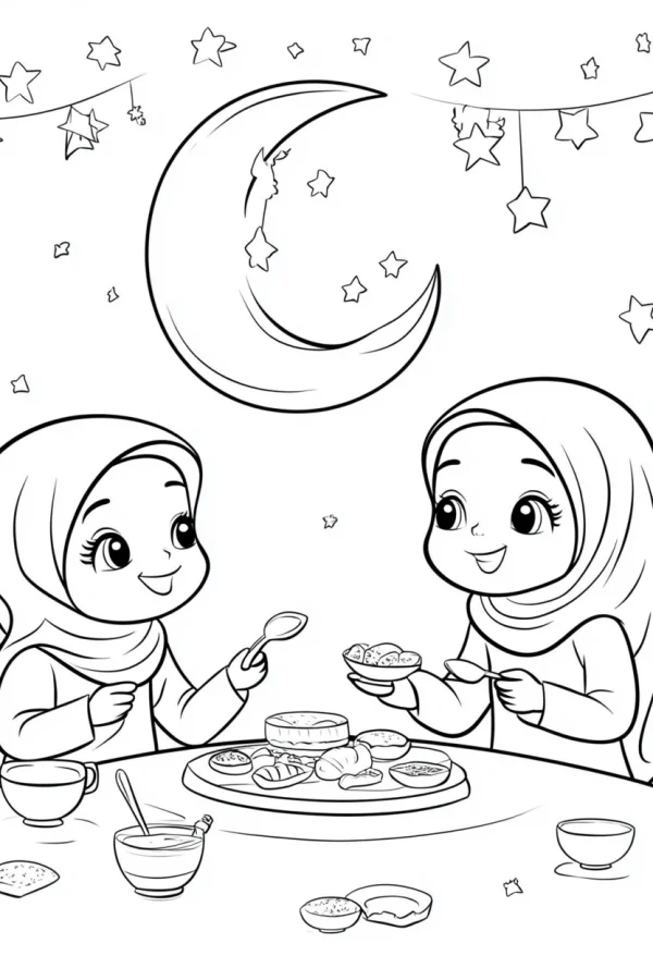 Two hijabi little girls having a meal at the table, cartoon style — free printable eid al-fitr coloring book page
