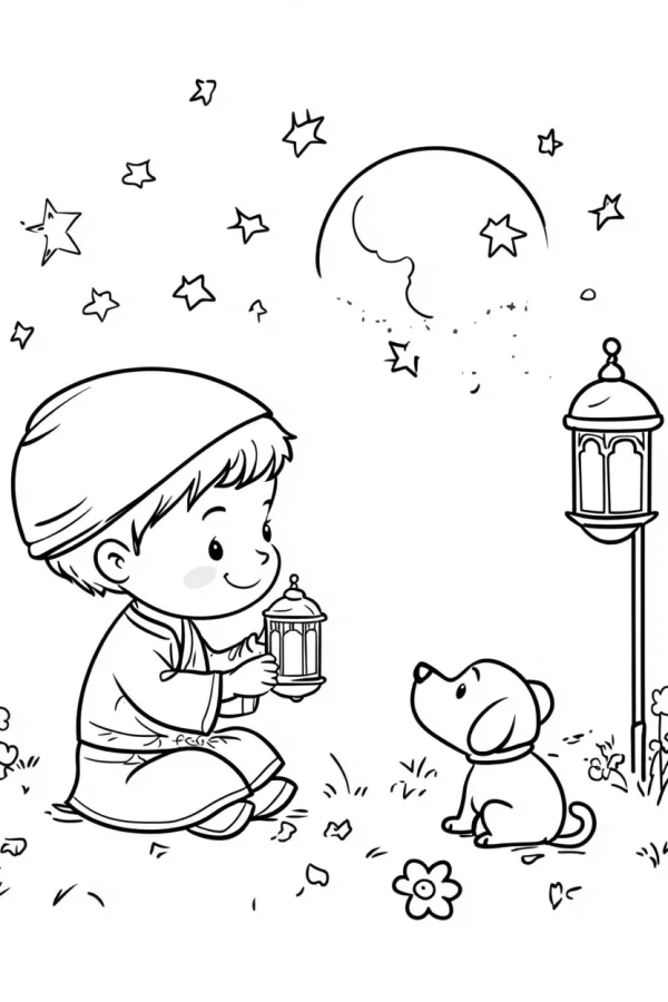 Muslim little boy holding lantern with a puppy, cartoon style — free printable eid al-fitr coloring book page