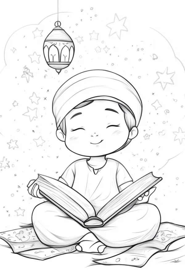 Cartoon middle eastern boy sitting cross-legged reading a book, cartoon style — free printable eid al-fitr coloring book page