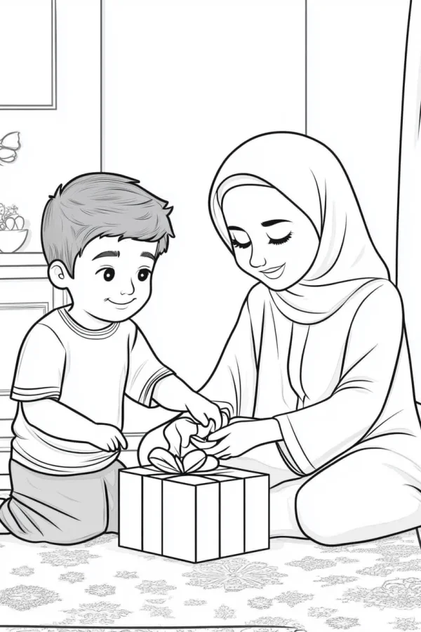A woman in hijab and a young boy opening a gift box together, cartoon style — free printable eid al-fitr coloring book page