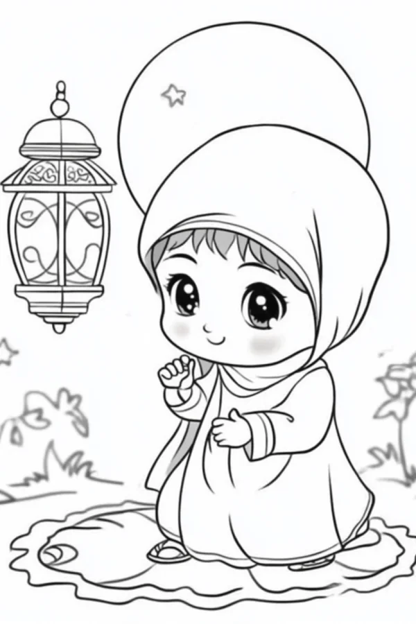 Cute muslim little girl wearing hijab, cartoon style — free printable eid al-fitr coloring book page