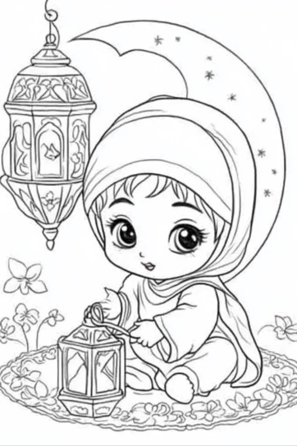 Cute cartoon child wearing hijab, holding an arabic lantern — free printable eid al-fitr coloring book page