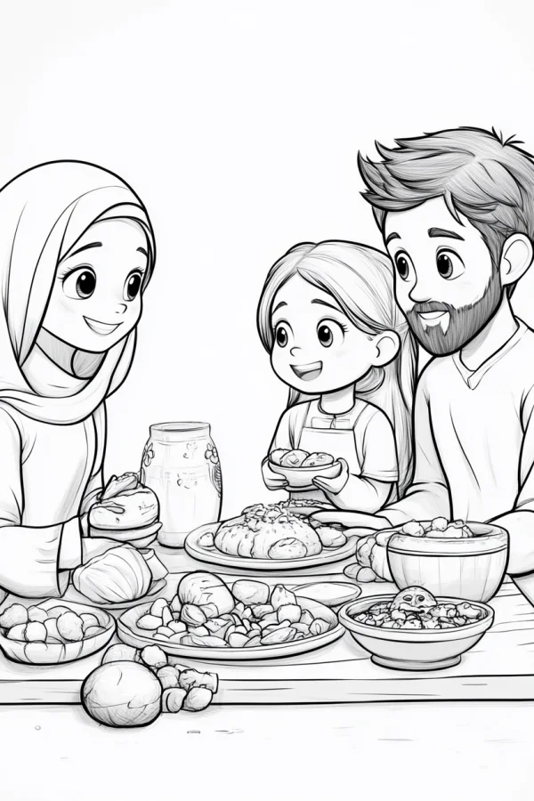 Muslim family having a feast at the dining table, cartoon style — free printable eid al-fitr coloring book page