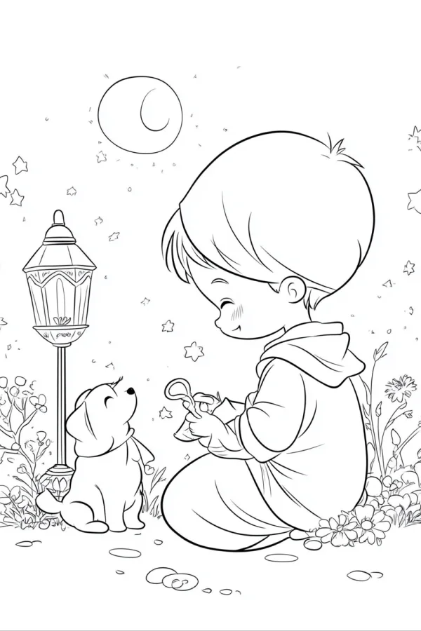 Cute boy playing with a small dog, cartoon style — free printable coloring page