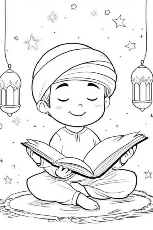 Cute boy wearing turban reading a book while sitting on carpet, cartoon style — free printable eid al-fitr coloring book page