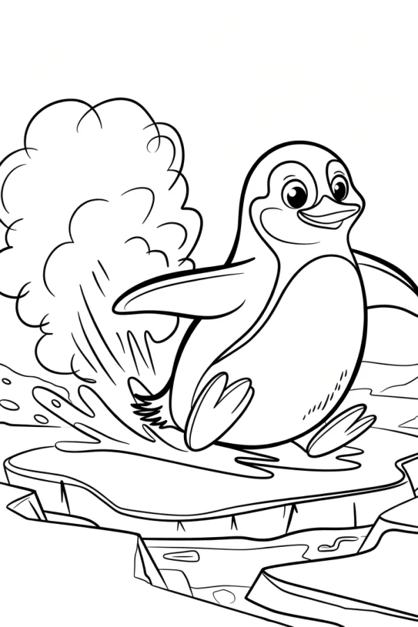 Playful sliding penguin on ice, cartoon style — free printable polar coloring book page