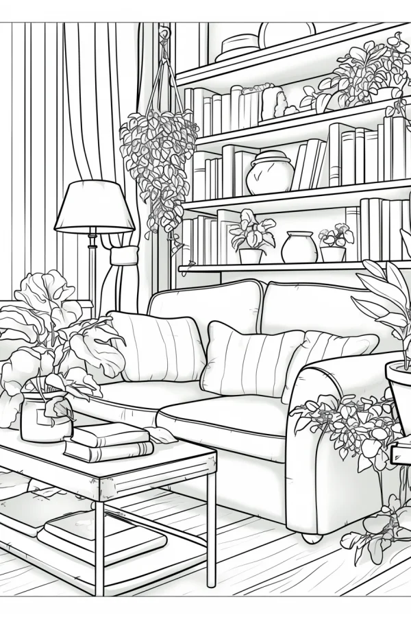 Coloring book page, cozy indoor home scene — free printable indoor leisure coloring book page
