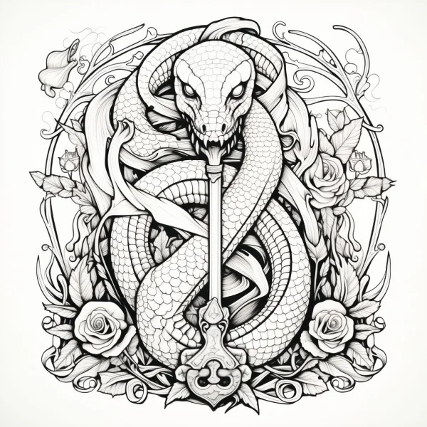 Snake wrapped around vintage key surrounded by roses, art nouveau style — free printable art nouveau coloring book page